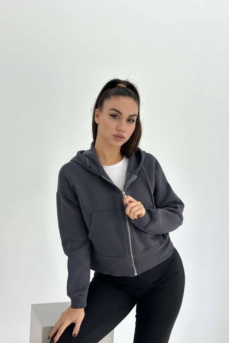 FLUFFY ZIPPER WOMEN HOODIE IN DARK GREY COLOR 