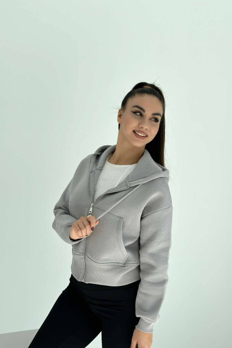 FLUFFY ZIPPER WOMEN HOODIE IN GREY COLOR 