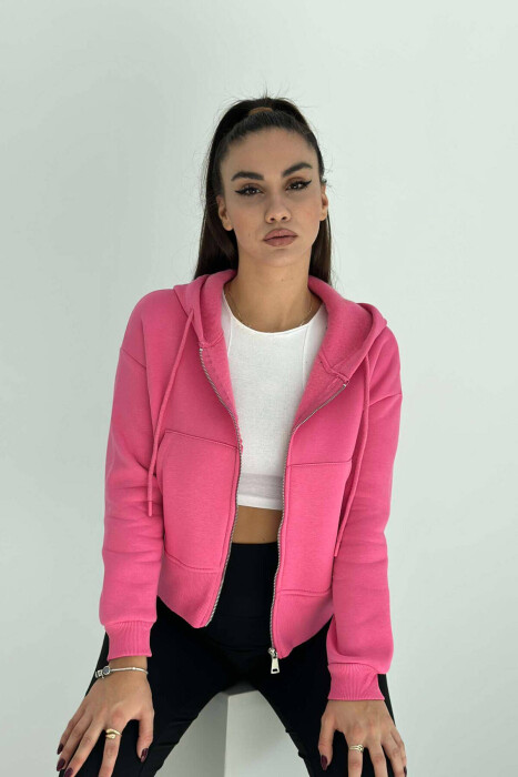 FLUFFY ZIPPER WOMEN HOODIE IN PINK COLOR 