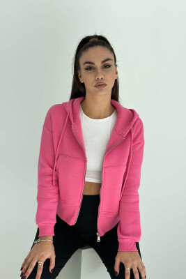 FLUFFY ZIPPER HOODIE ONE COLOR WOMAN PINK/ROZE 