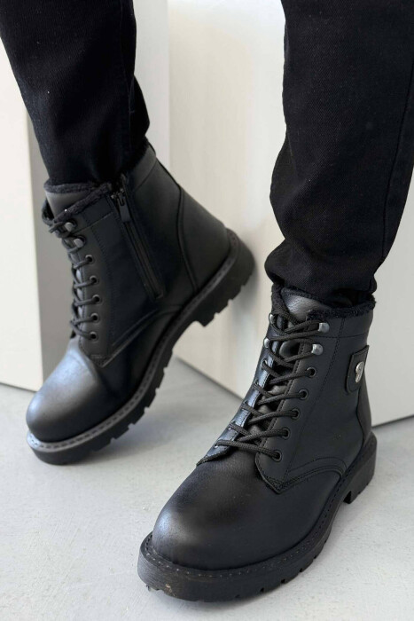 FLUFFY ZIPPER LACING LEATHER MEN ANKLE BOOTS BLACK/ E ZEZE - 3