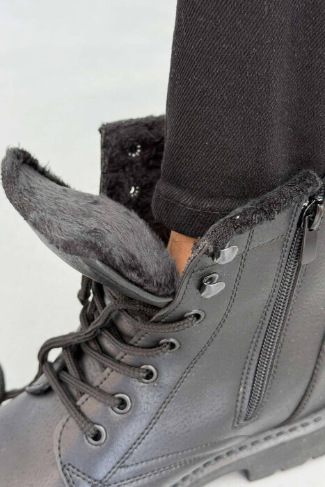 FLUFFY ZIPPER LACING LEATHER MEN ANKLE BOOTS BLACK/ E ZEZE - 4