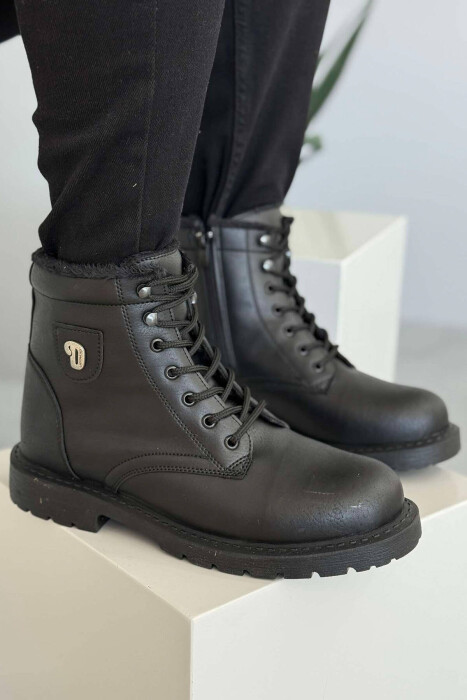 FLUFFY ZIPPER LACING LEATHER MEN ANKLE BOOTS BLACK/ E ZEZE - KLAUDIO FASHION