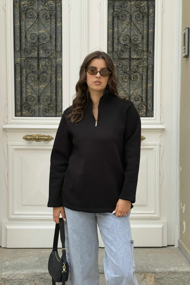 FLUFFY ZIPPER NECK ONE COLOR WOMEN SWEATSHIRT BLACK/ E ZEZE - 1