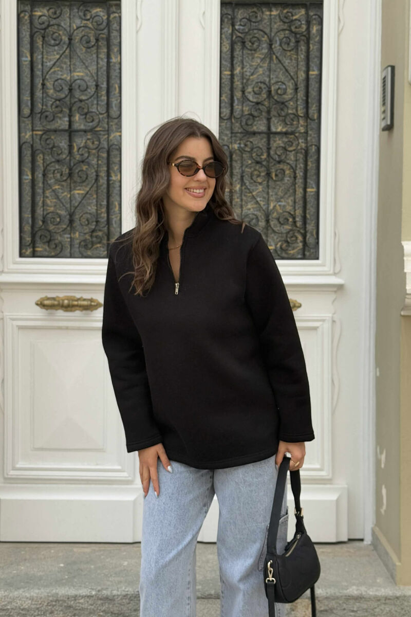 FLUFFY ZIPPER NECK ONE COLOR WOMEN SWEATSHIRT BLACK/ E ZEZE - 2