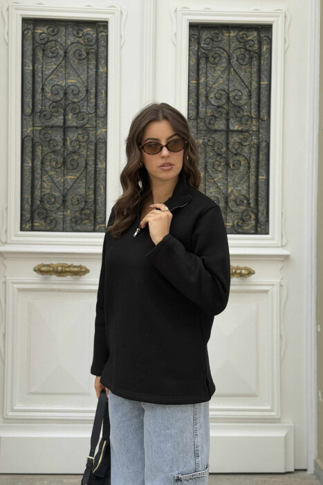 FLUFFY ZIPPER NECK ONE COLOR WOMEN SWEATSHIRT BLACK/ E ZEZE - 3