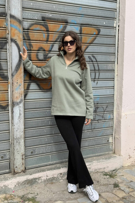 FLUFFY ZIPPER NECK ONE COLOR WOMEN SWEATSHIRT OLIVE/ULLI 