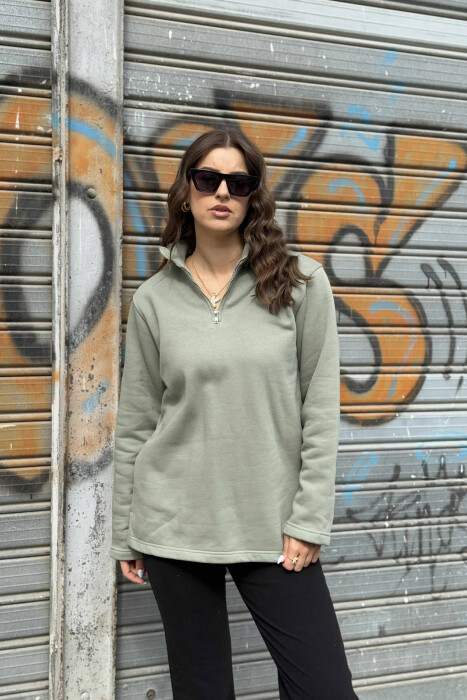 FLUFFY ZIPPER NECK ONE COLOR WOMEN SWEATSHIRT OLIVE/ULLI - 3