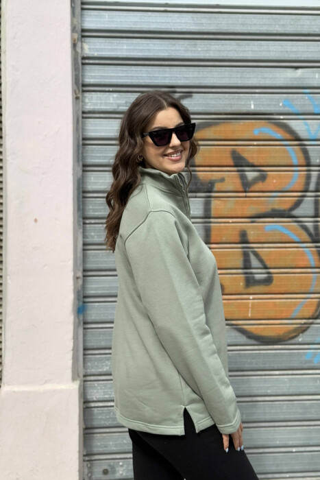 FLUFFY ZIPPER NECK ONE COLOR WOMEN SWEATSHIRT OLIVE/ULLI - 4