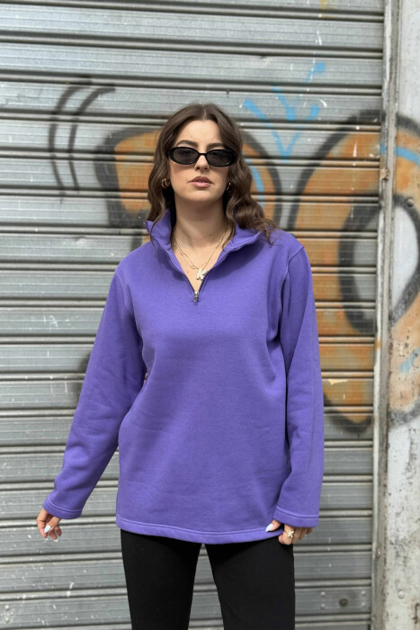 FLUFFY ZIPPER NECK ONE COLOR WOMEN SWEATSHIRT PURPLE/LEJLA 