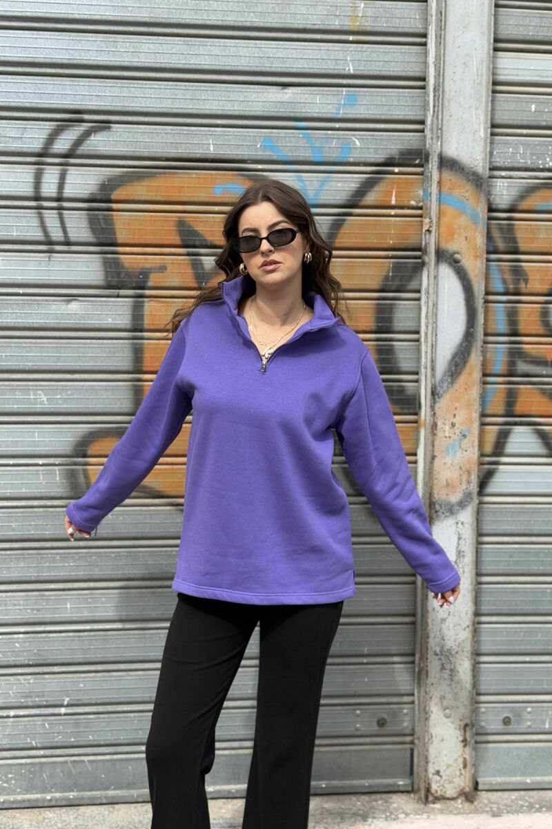 FLUFFY ZIPPER NECK ONE COLOR WOMEN SWEATSHIRT PURPLE/LEJLA - 2