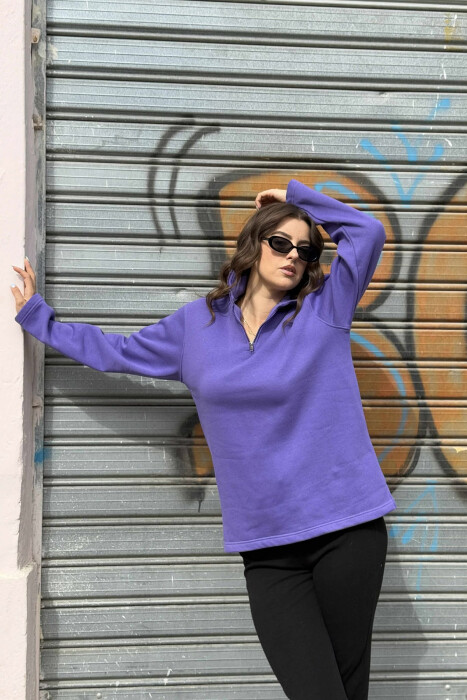 FLUFFY ZIPPER NECK ONE COLOR WOMEN SWEATSHIRT PURPLE/LEJLA - 3