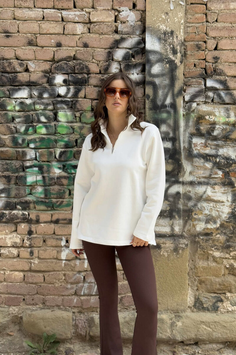 FLUFFY ZIPPER NECK ONE COLOR WOMEN SWEATSHIRT WHITE-E BARDHE - 1