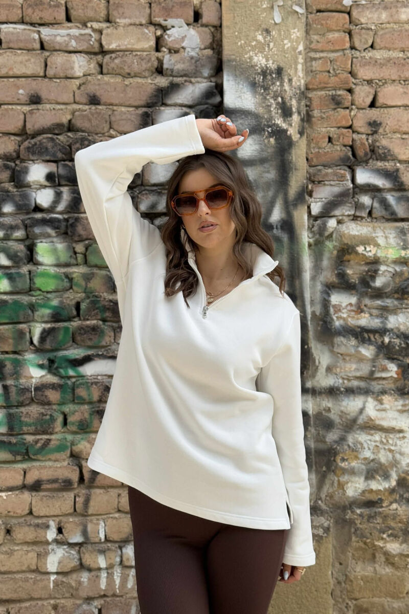 FLUFFY ZIPPER NECK ONE COLOR WOMEN SWEATSHIRT WHITE-E BARDHE - 3