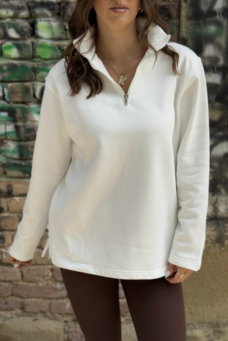 FLUFFY ZIPPER NECK ONE COLOR WOMEN SWEATSHIRT WHITE-E BARDHE - 4