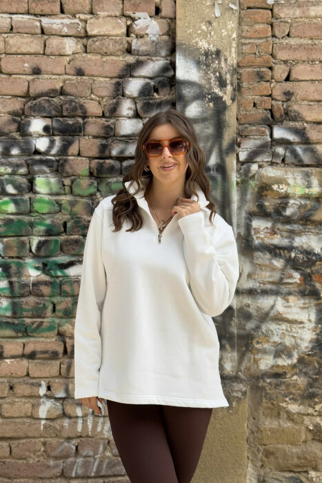 FLUFFY ZIPPER NECK ONE COLOR WOMEN SWEATSHIRT WHITE-E BARDHE - 2