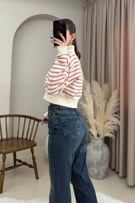 FLUFFY ZIPPER NECK STRIPE WOMEN SWEATSHIRT CREAM/KREM - 4