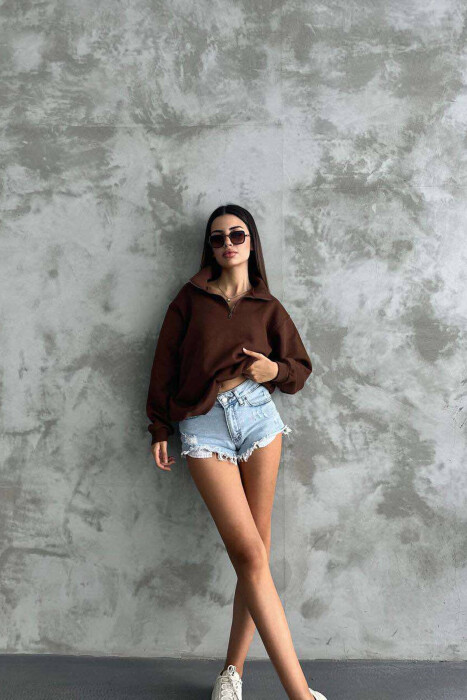 FLUFFY ZIPPER NECK WOMEN SWEATSHIRT BROWN/KAFE - 2