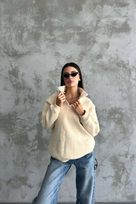 FLUFFY ZIPPER NECK WOMEN SWEATSHIRT CREAM/KREM 