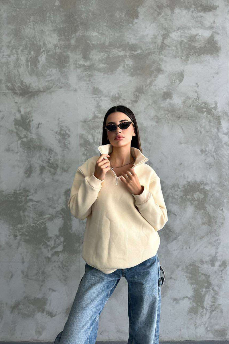 FLUFFY ZIPPER NECK WOMEN SWEATSHIRT CREAM/KREM - 1