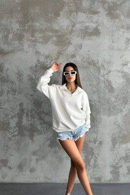 FLUFFY ZIPPER NECK WOMEN SWEATSHIRT WHITE-E BARDHE 