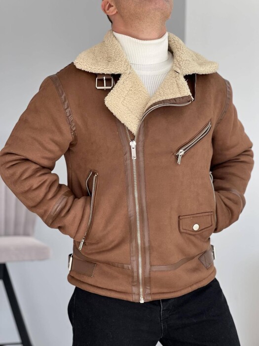 FLUFFY ZIPPER ONE COLOR MEN JACKET BROWN/KAFE - 4