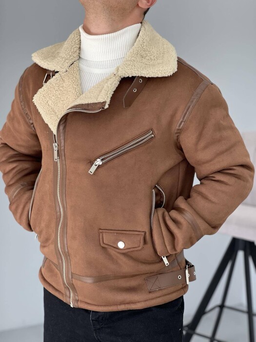 FLUFFY ZIPPER ONE COLOR MEN JACKET BROWN/KAFE - 5