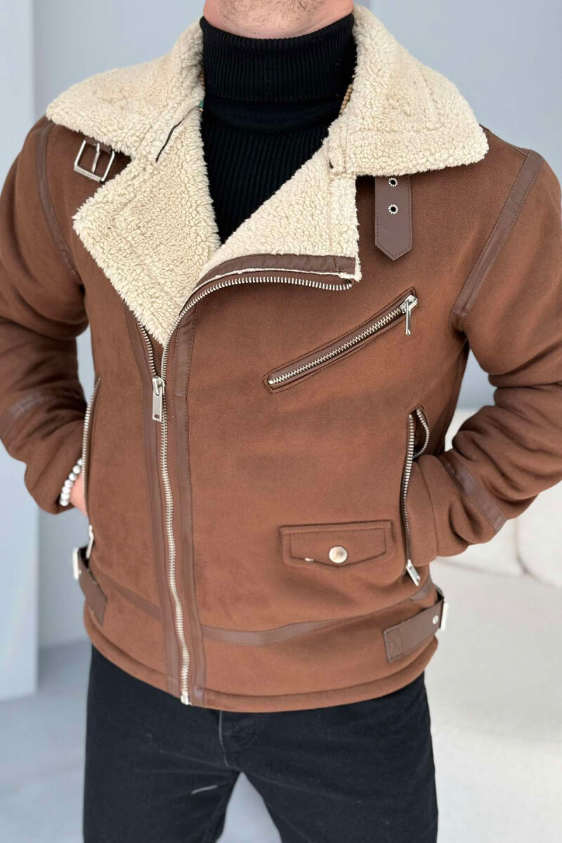 FLUFFY ZIPPER ONE COLOR MEN JACKET DARK BROWN/KAE - 2