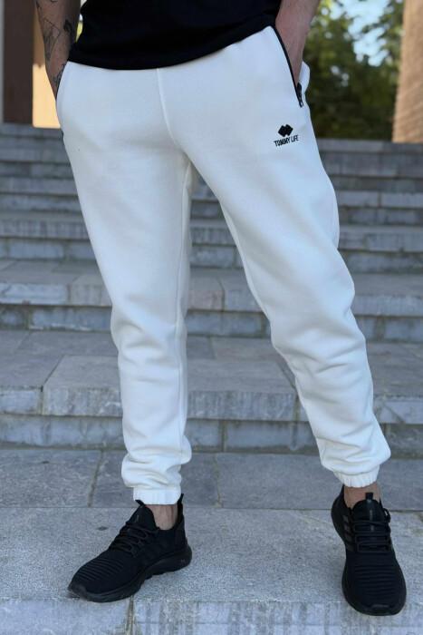 FLUFFY ZIPPER POCKETS ONE COLOR MEN JOGGERS CREAM/KREM - KLAUDIO FASHION