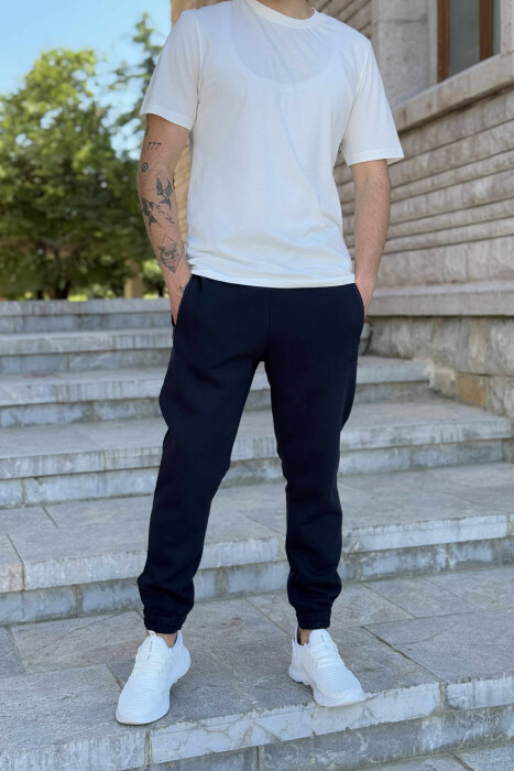 FLUFFY ZIPPER POCKETS ONE COLOR MEN JOGGERS DARK BLUE/BEE 