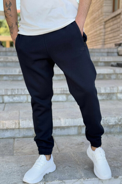 FLUFFY ZIPPER POCKETS ONE COLOR MEN JOGGERS DARK BLUE/BEE - KLAUDIO FASHION