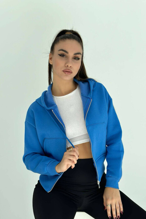 FLUFFY ZIPPER WOMEN HOODIE IN BLUE COLOR - 3