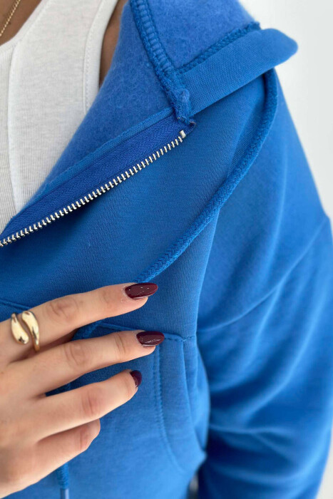 FLUFFY ZIPPER WOMEN HOODIE IN BLUE COLOR - 4