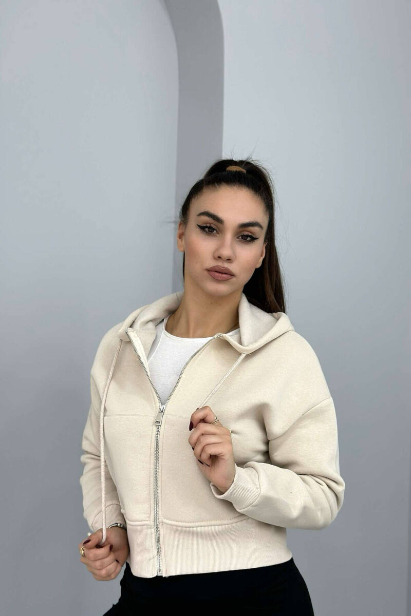 FLUFFY ZIPPER WOMEN HOODIE IN CREAM COLOR - 1