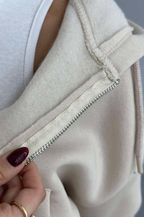 FLUFFY ZIPPER WOMEN HOODIE IN CREAM COLOR - 3