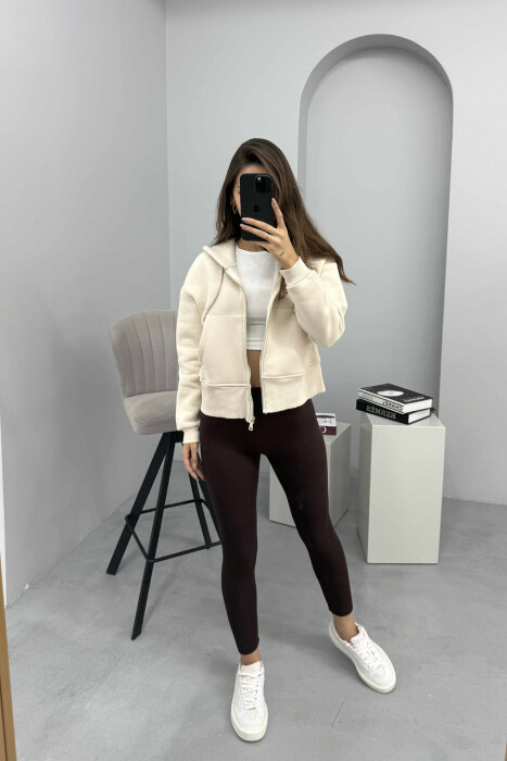 FLUFFY ZIPPER HOODIE ONE COLOR WOMAN CREAM/KREM - KLAUDIO FASHION