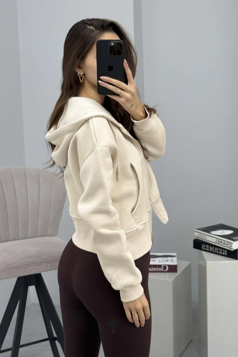 FLUFFY ZIPPER HOODIE ONE COLOR WOMAN CREAM/KREM - 2