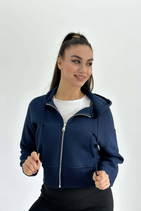 FLUFFY ZIPPER WOMEN HOODIE IN DARK BLUE COLOR - 4