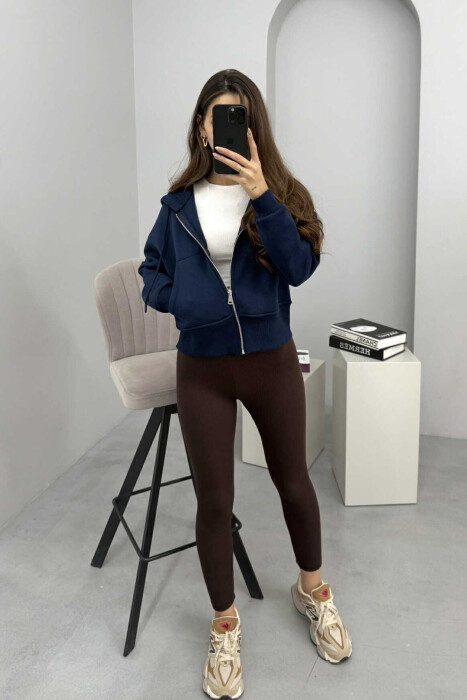 FLUFFY ZIPPER HOODIE ONE COLOR WOMAN DARK BLUE/BEE - KLAUDIO FASHION