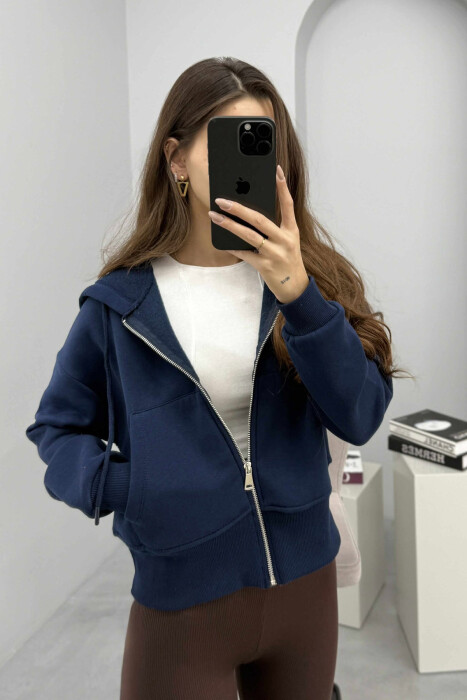 FLUFFY ZIPPER HOODIE ONE COLOR WOMAN DARK BLUE/BEE - 3