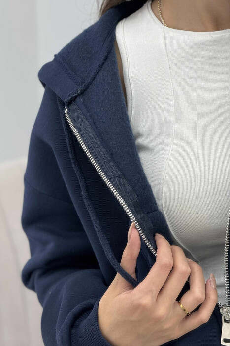 FLUFFY ZIPPER HOODIE ONE COLOR WOMAN DARK BLUE/BEE - 5