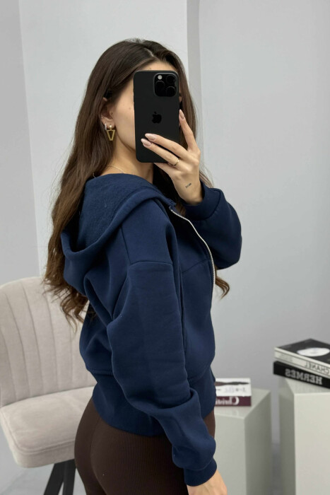 FLUFFY ZIPPER HOODIE ONE COLOR WOMAN DARK BLUE/BEE - 6