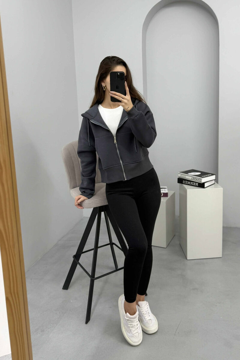 FLUFFY ZIPPER HOODIE ONE COLOR WOMAN DARK GREY/GEE - 1