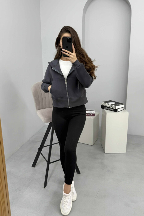 FLUFFY ZIPPER HOODIE ONE COLOR WOMAN DARK GREY/GEE - 2