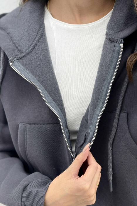 FLUFFY ZIPPER HOODIE ONE COLOR WOMAN DARK GREY/GEE - 5