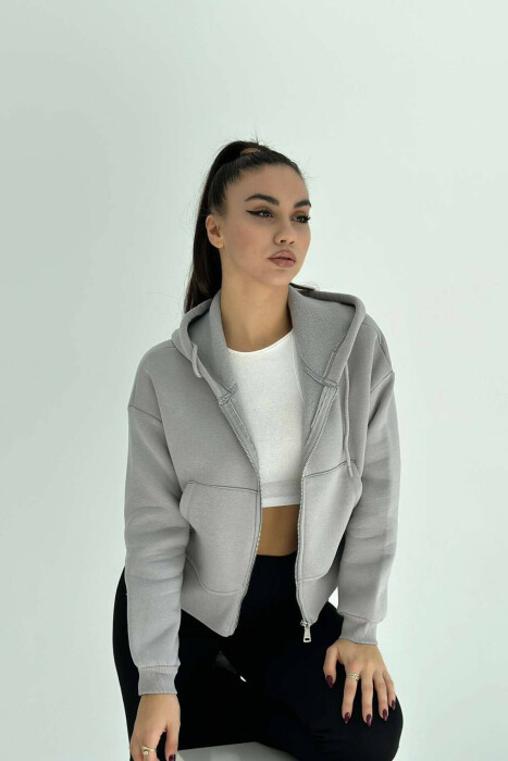 FLUFFY ZIPPER WOMEN HOODIE IN GREY COLOR - 3