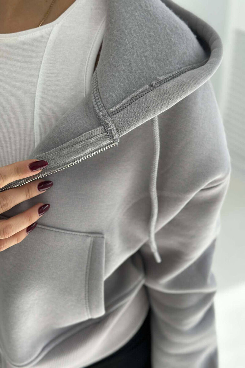 FLUFFY ZIPPER WOMEN HOODIE IN GREY COLOR - 4