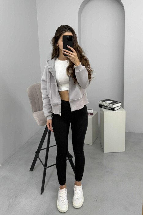 FLUFFY ZIPPER HOODIE ONE COLOR WOMAN GREY/GRI - KLAUDIO FASHION