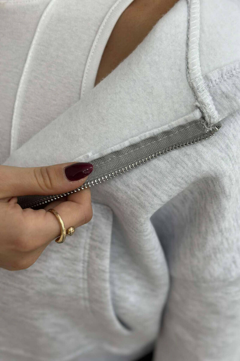 FLUFFY ZIPPER WOMEN HOODIE IN LIGHT GREY COLOR - 3