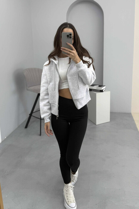FLUFFY ZIPPER HOODIE ONE COLOR WOMAN LIGHT GREY/GZ - KLAUDIO FASHION